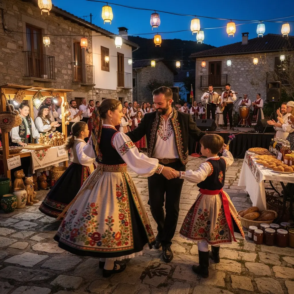 Rodina se účastní místního festivalu s tradičními jídly.