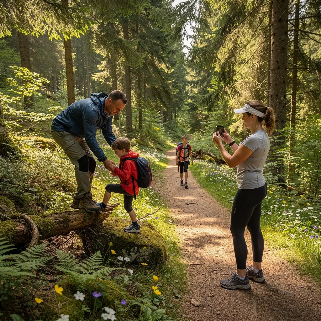 Rodina prochází historickým městem s mnoha památkami.